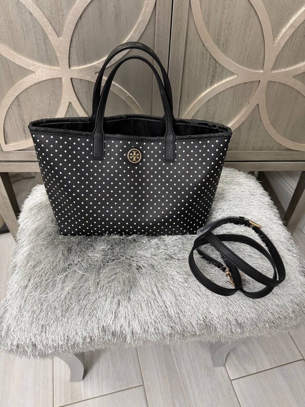 Tory Burch Black Polka Dot Small Tote with Detachable Strap